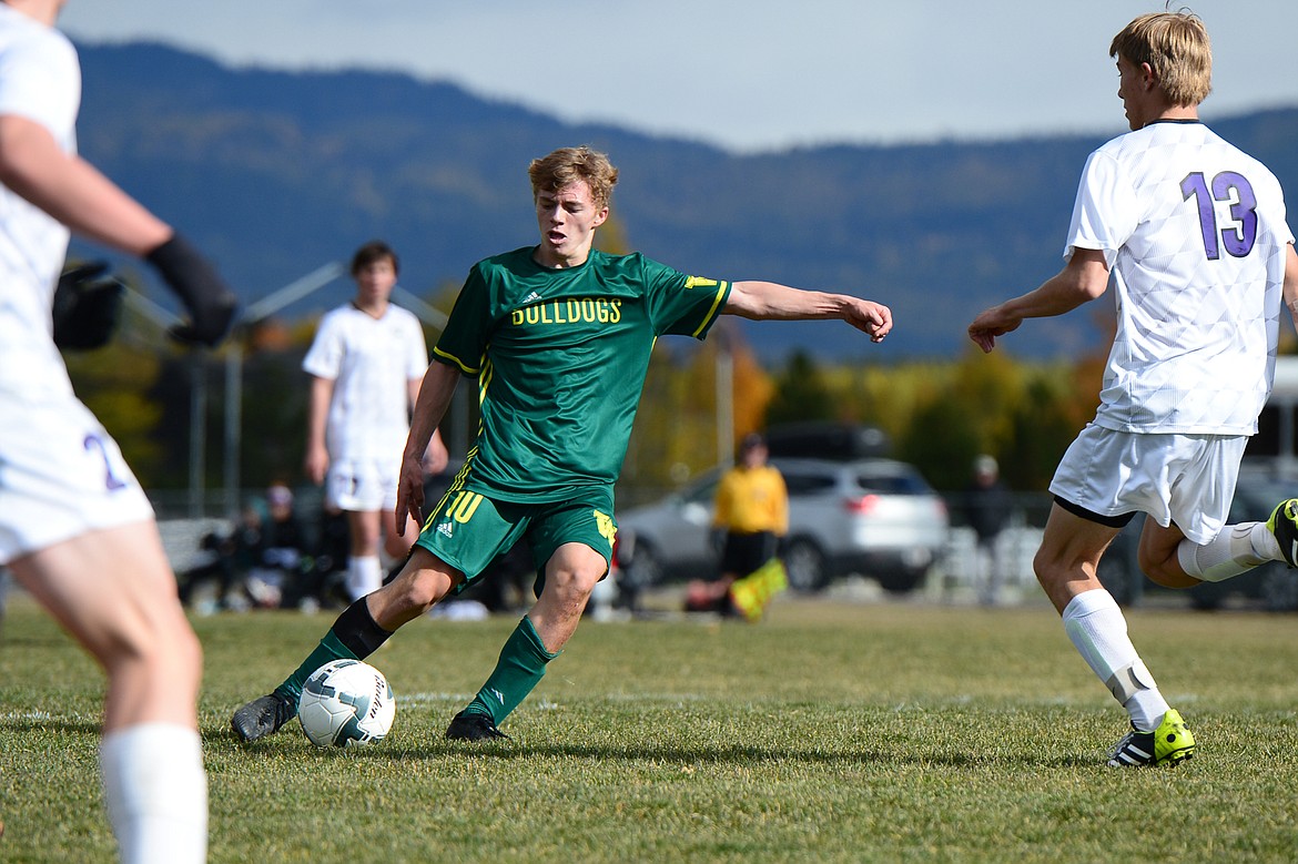 Whitefish's Casey Schneider (10) sends a shot on goal against Livingston at Smith Fields in Whitefish on Saturday. (Casey Kreider/Daily Inter Lake)