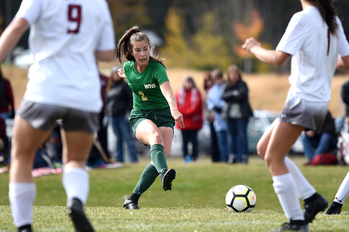 Whitefish's Grace Benkelman (3) sends a shot on goal against Hamilton at Smith Fields in Whitefish on Saturday. (Casey Kreider/Daily Inter Lake)