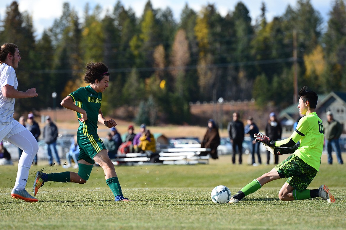 Whitefish's Ammann Koch-Ford (4) scores a goal in the first half against Livingston at Smith Fields in Whitefish on Saturday. (Casey Kreider/Daily Inter Lake)