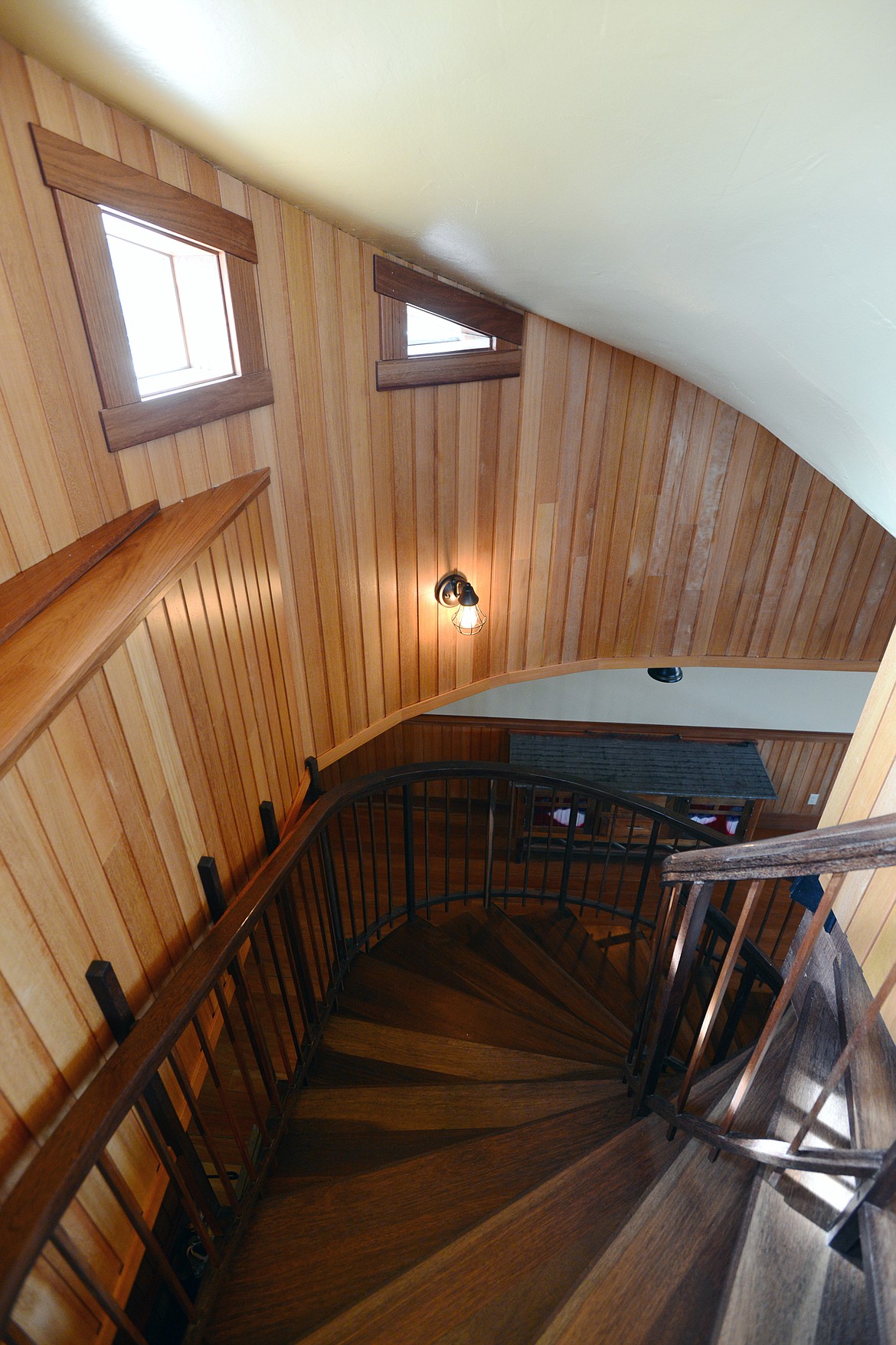 Custom-built spiral staircase inside the restaurant at Abayance Bay Marina in Rexford. (Casey Kreider/Daily Inter Lake)