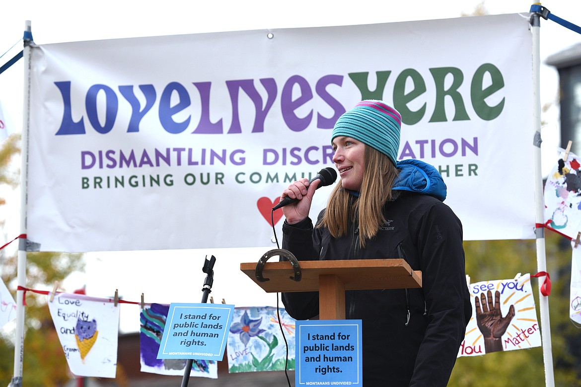 Grete Gansauer, of Montana Wilderness Association, speaks during Montana Undivided: A Rally for Human Rights and Public Lands at Depot Park in Whitefish on Saturday. (Casey Kreider/Daily Inter Lake)