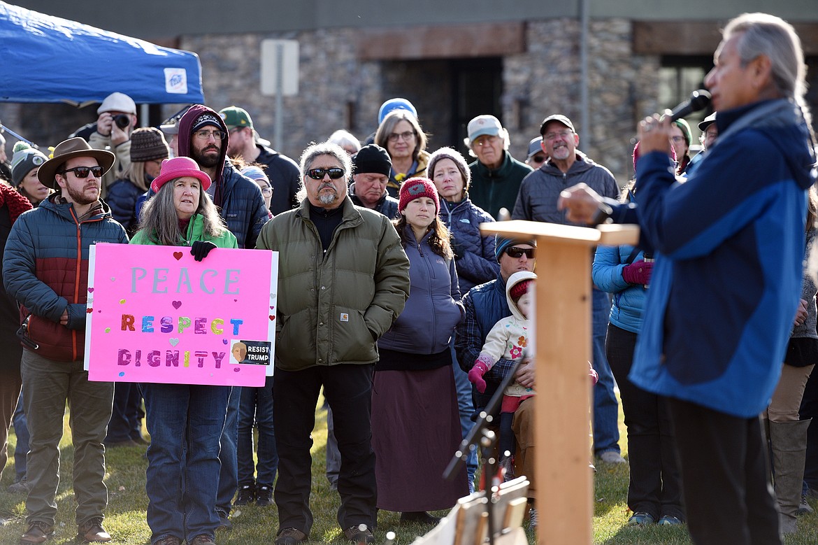 Vernon Finley, with the Confederated Salish &amp; Kootenai Tribes, speaks to the crowd at Montana Undivided: A Rally for Human Rights and Public Lands at Depot Park in Whitefish on Saturday. (Casey Kreider/Daily Inter Lake)