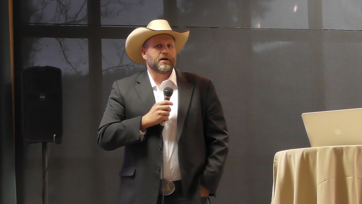 AMMON BUNDY speaks during Saturday evening&#146;s &#145;This West is OUR West&#146; gathering at the Grouse Mountain Lodge in Whitefish. (Scott Shindledecker/Daily Inter Lake)