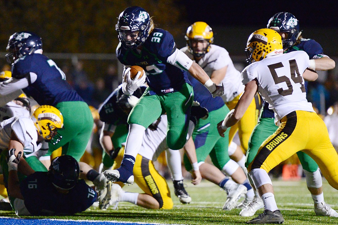 Glacier running back Preston Blain (33) scores a second-quarter touchdown against Helena Capital at Legends Stadium on Friday. (Casey Kreider/Daily Inter Lake)