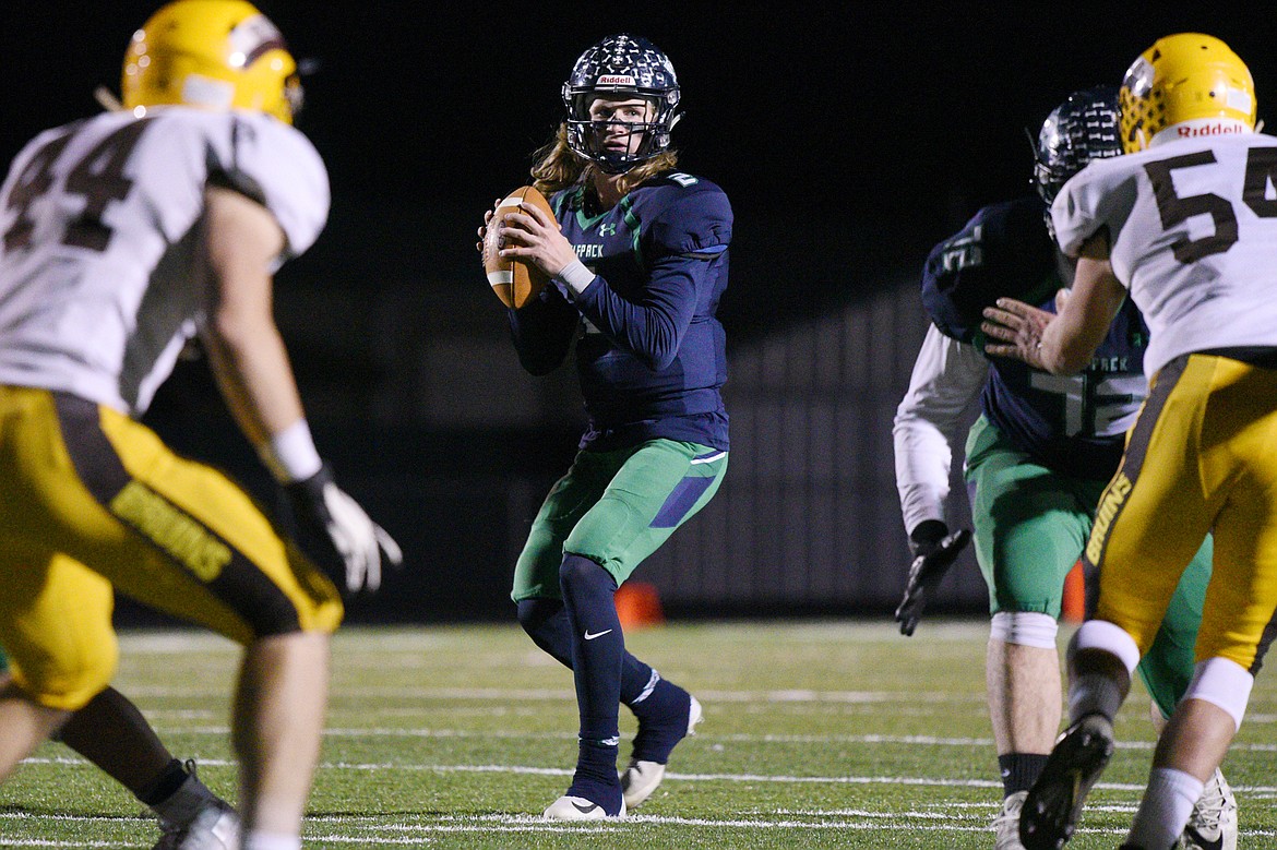 Glacier quarterback Evan Todd (2) scans the field for open receivers against Helena Capital at Legends Stadium on Friday. (Casey Kreider/Daily Inter Lake)