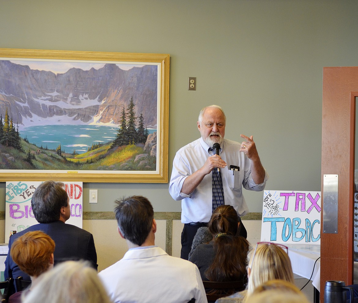 Columbia Falls School Superintendent Steve Bradshaw speaks Monday at North Valley Hospital in support of I-185. (Heidi Desch/Whitefish Pilot)