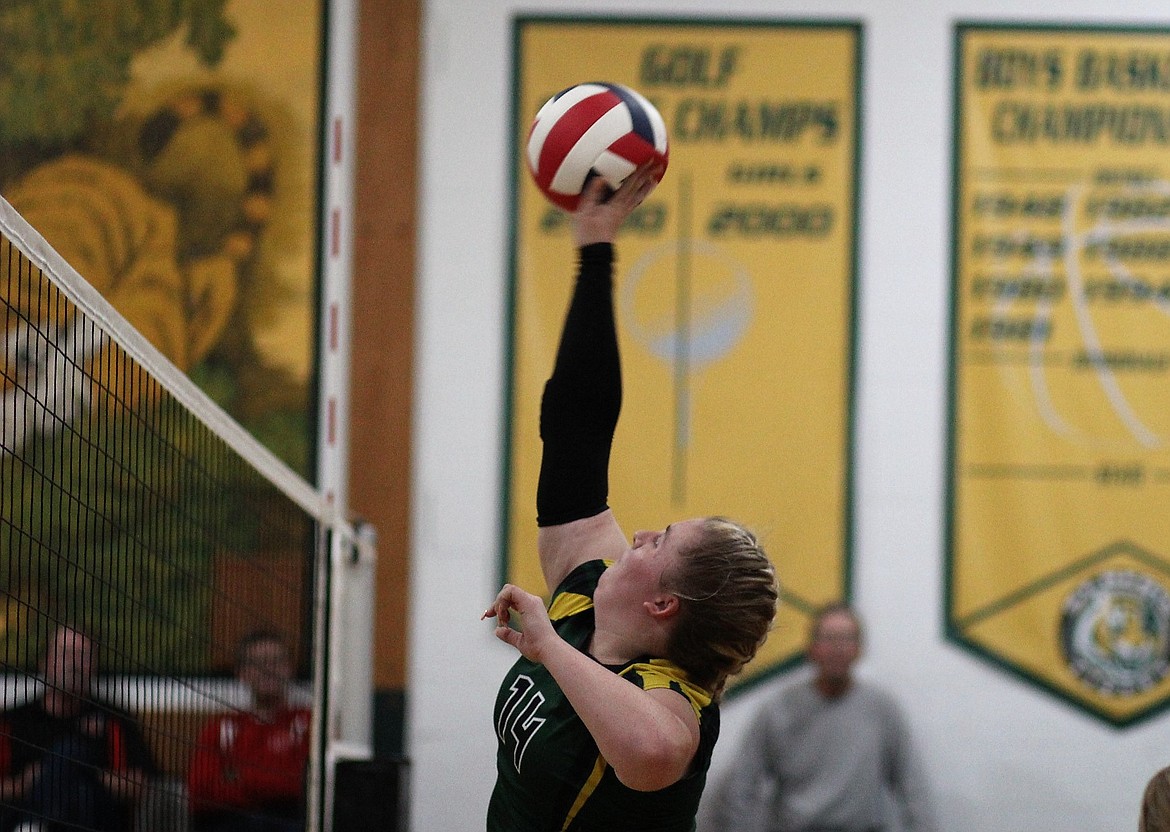 St. Regis Lady Tiger McKenzie Stortz returns the ball during a recent match. The Lady Tigers hosted the Clark Fork Mountain Cats and Noxon last week. They face Hot Springs in the first round of the District 14C Tournament on Thursday in Hot Springs.