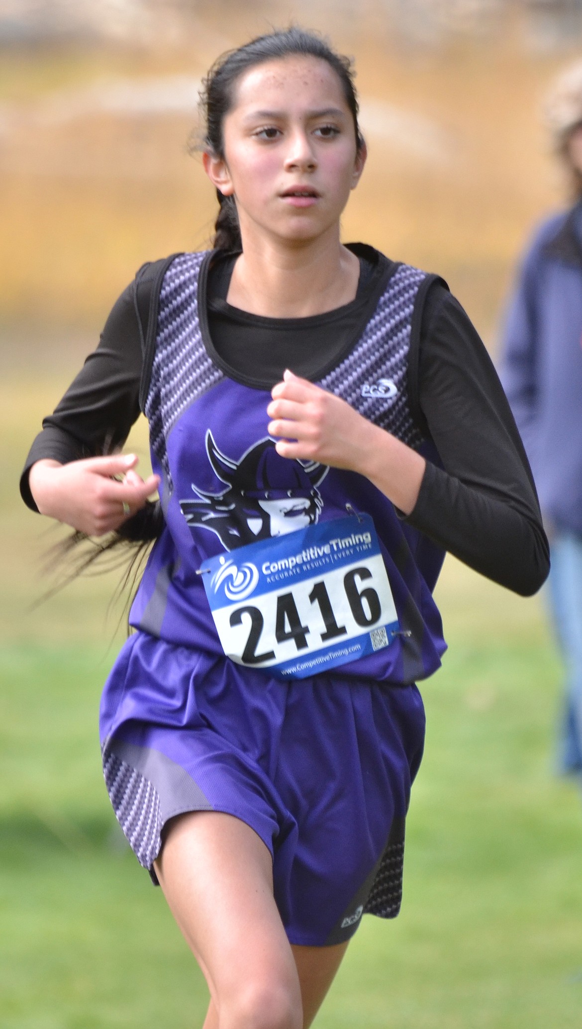 Guinevere Contreras of Charlo was the first-place finisher among Class C runners at the Western Divisional meet Thursday at Thompson Falls. Arlee athletes Cheyenne Pablo and Melaia Matt were second and third, respectively. (Erin Jusseaume/Clark Fork Valley Press)