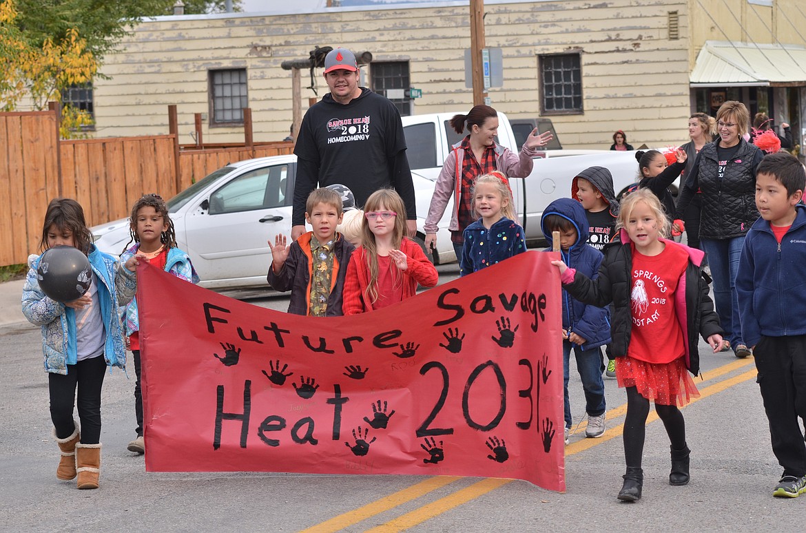 Kindergartners lead the Hot Springs Homecoming parade through town last Friday. See the Homecoming royalty on page A4 of this issue. (Erin Jusseaume/ Clark Fork Valley Press)