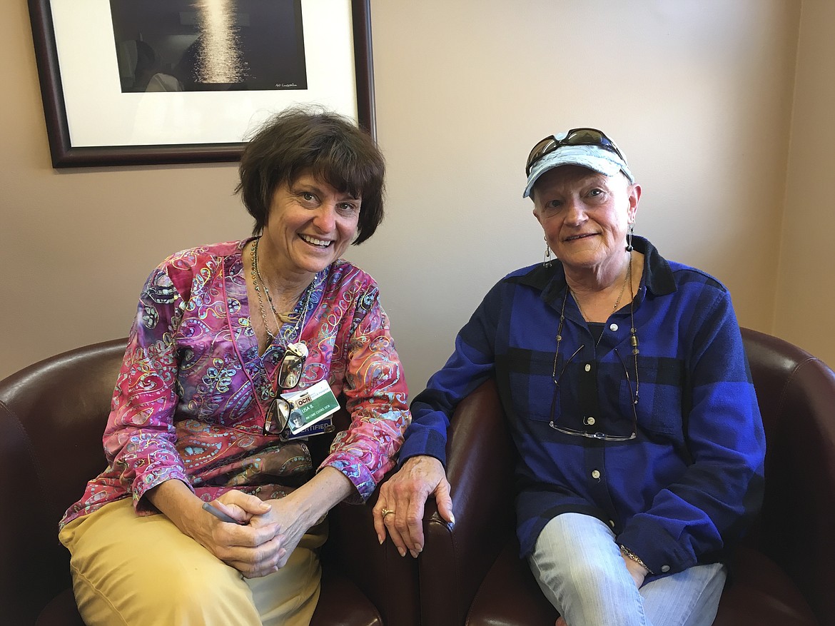 Lisa Bertoglio, RN-OCN, left, sits with breast cancer patient Kathy Devlin-Collicott. Kathy will share her story in the Oct. 25 issue of The Leader. (Ashley Fox photos/Lake County Leader)