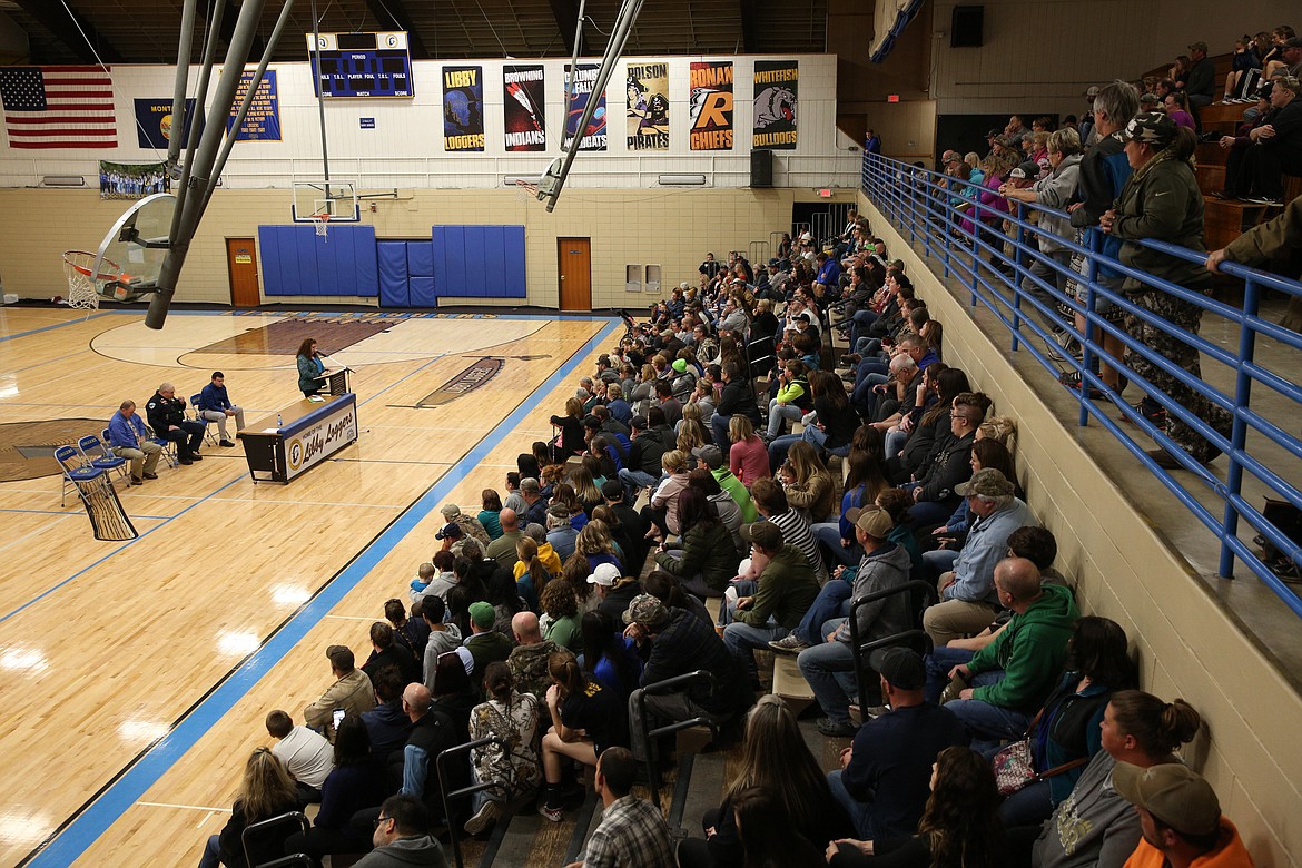 Libby school and police officials address parents and other concerned citizens at a meeting held Tuesday evening to discuss the response to threatening messages discovered late last week at Libby Middle/High School. (John Blodgett/The Western News)