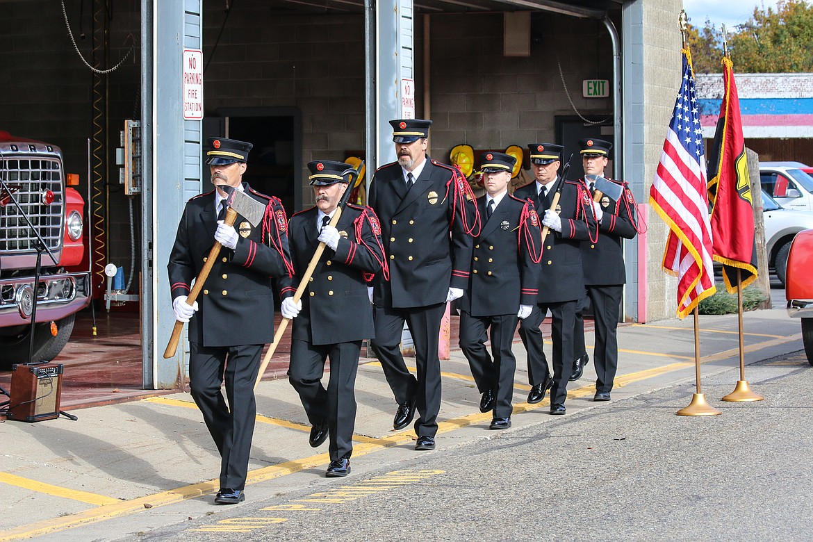 Photo by MANDI BATEMAN
Boundary County Fire Chief&#146;s Association Honor Guard in their new uniforms. Left to right: Alan Hamilton, Ken Baker, Len Pine, Granite Allinger,  Tony Rohrwasser, and Wally Nyberg.