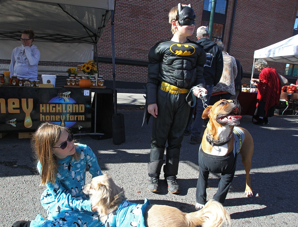 Photos: DEVIN WEEKS/Press 
Post Falls siblings Savannah Traxtle, 9, with dog Emma, and brother Tristan Traxtle, 12, with Bat-Dog Sox, show off the matching costumes they wore to Fall Fest and Apple Palooza in downtown Coeur d&#146;Alene on Saturday. Lots of kids and even some adults and their canine counterparts dressed up for the festivities, which included the inaugural pet costume contest.