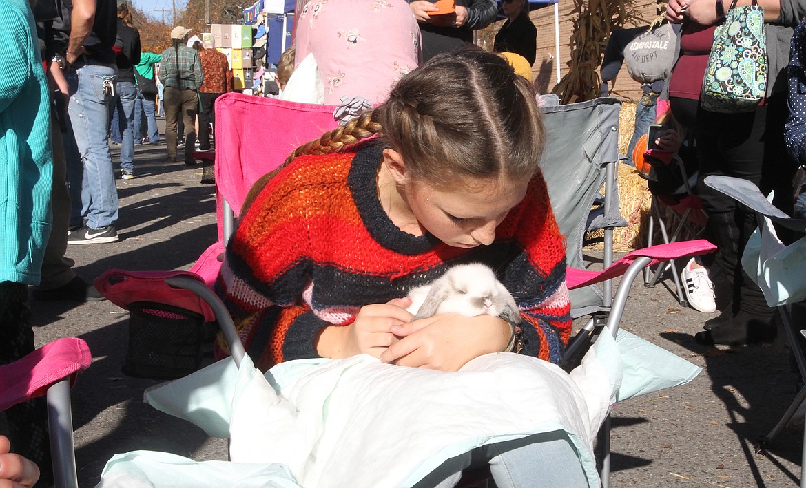 Zain Schoonover, 12, loves on a very cozy bunny, Chiffon, at the Animal Party Rabbitry booth Saturday during Fall Fest and Apple Palooza. Animal Party owner Sheryl Martin brought 11 bunnies to the festival and for a small fee welcomed attendees to hold a bunny for a little while and enjoy some bunny therapy. (DEVIN WEEKS/Press)