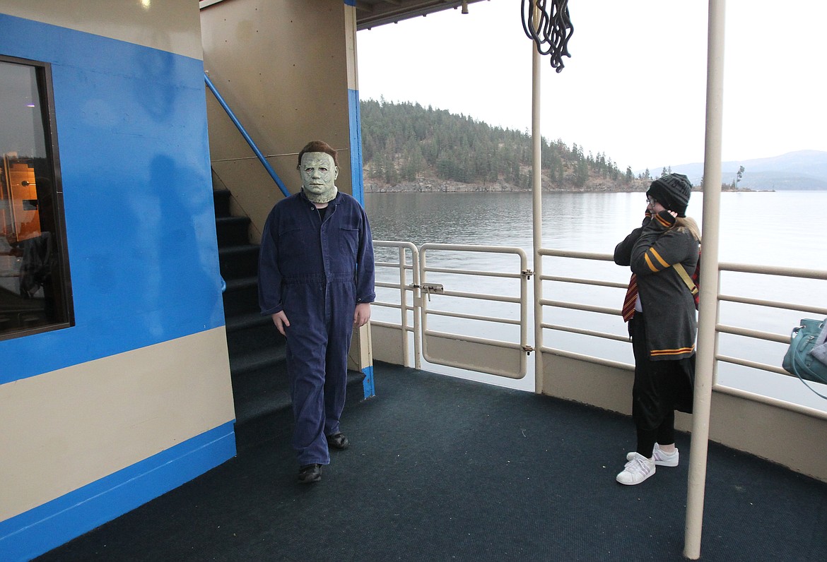 Magdalene Emery, 10, reacts as &#147;Michael Myers&#148; (12-year-old Zachary Zaagsma) creeps his way to the main level of the Moonlit Monster Cruise early Thursday evening. The spirited cruises are taking place from 5 to 9 p.m. every night through Halloween.
