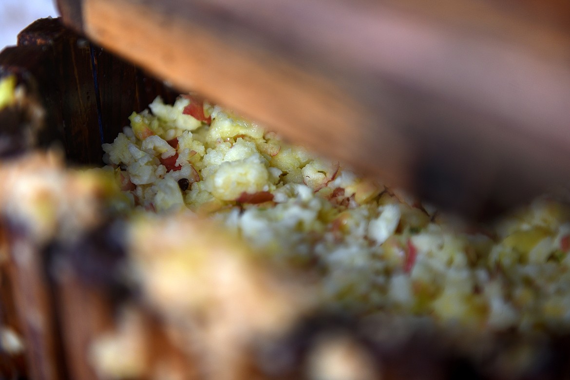 Bits of broken-down apple are shown inside a cider press while making unpasteurized cider at Apple Barrel Country Market on Thursday. (Casey Kreider/Daily Inter Lake)