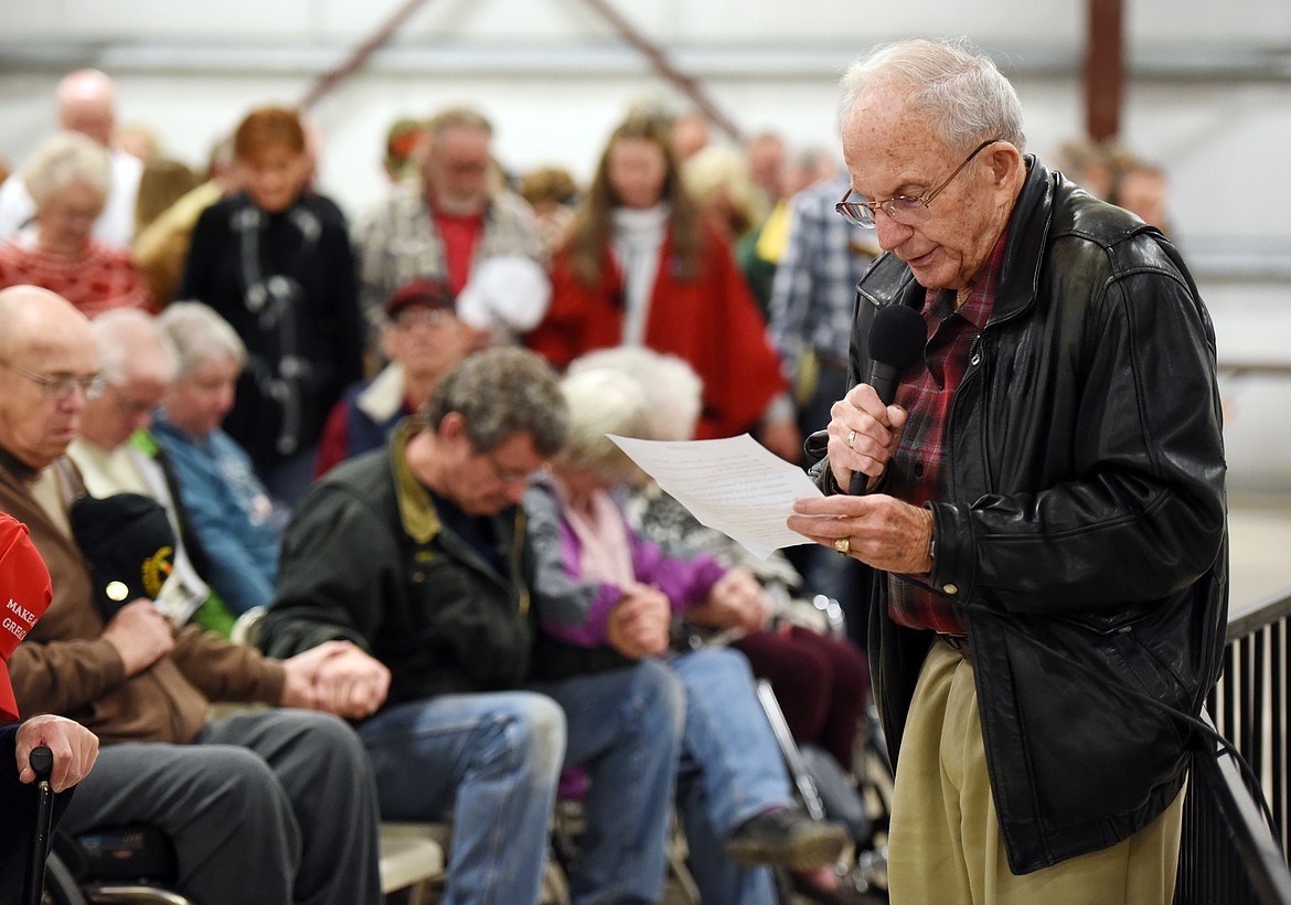 John Donaghue reads a prayer at the beginning of the Montana Victory Tour on Saturday morning, October 27, at the Expo Building at the Flathead County Fairgrounds.(Brenda Ahearn/Daily Inter Lake)