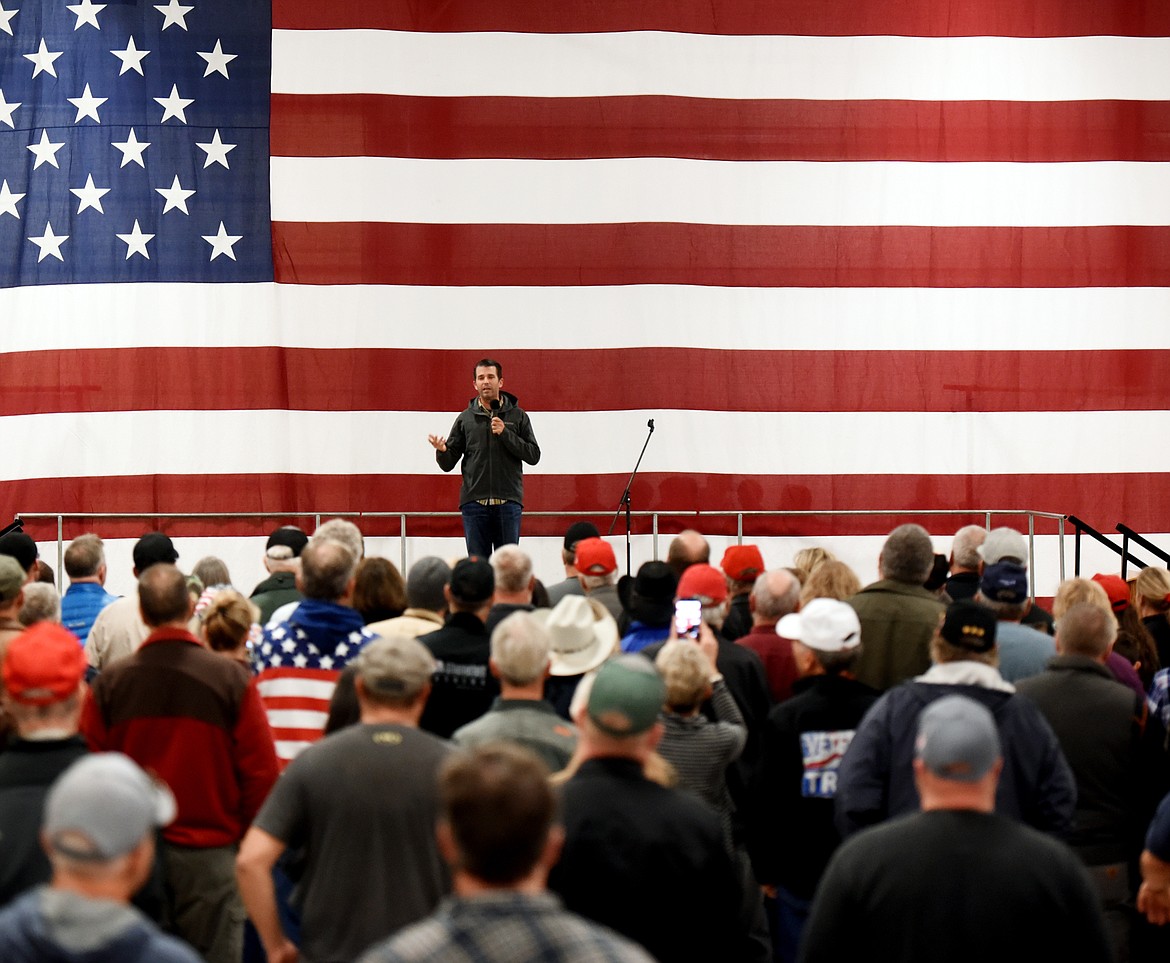 Donald Trump Jr. speaking in favor of Matt Rosendale and Greg Gianforte on Saturday morning, October 27, at the Expo Building at the Flathead County Fairgrounds.(Brenda Ahearn/Daily Inter Lake)