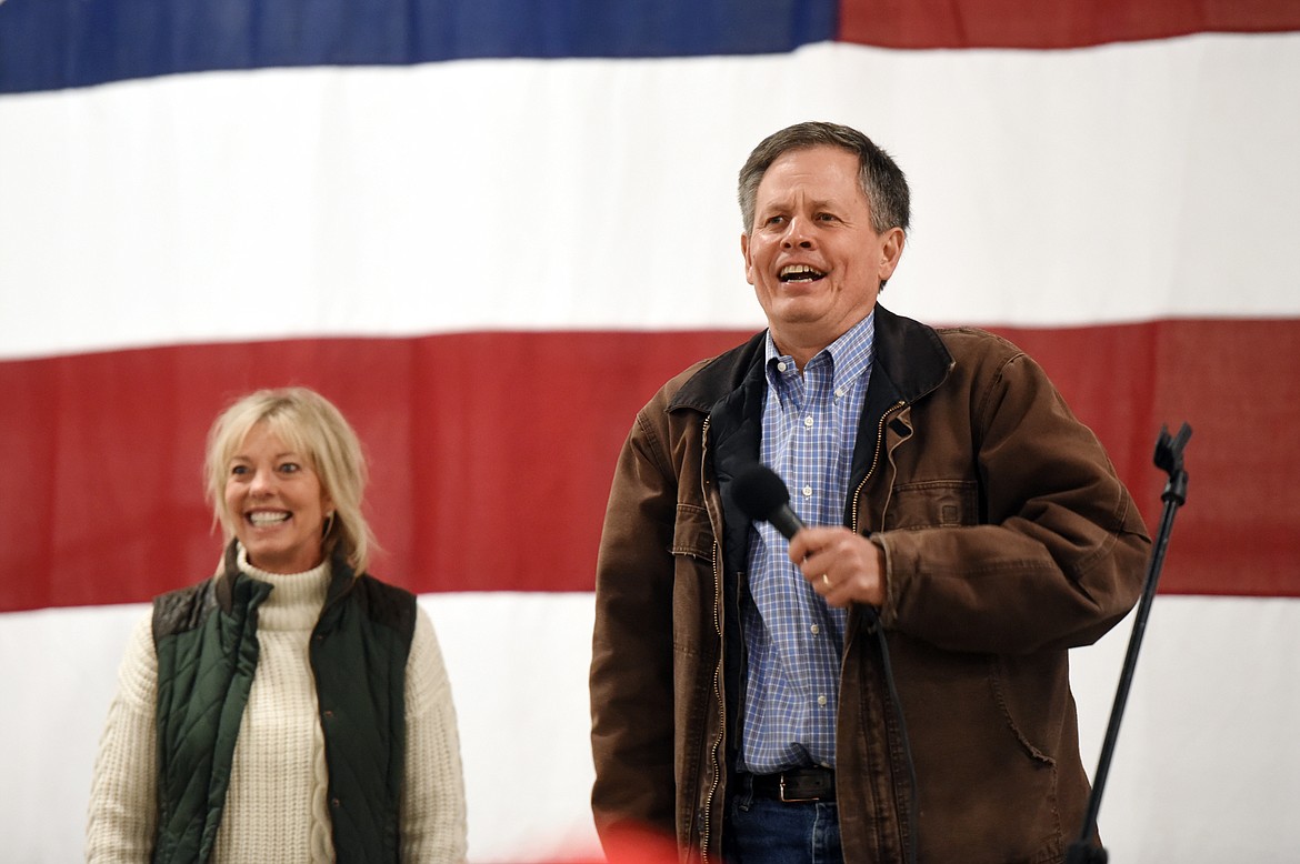 Senator Steve Daines speaking at the Montana Victory Tour on Saturday morning, October 27, at the Expo Building at the Flathead County Fairgrounds.(Brenda Ahearn/Daily Inter Lake)