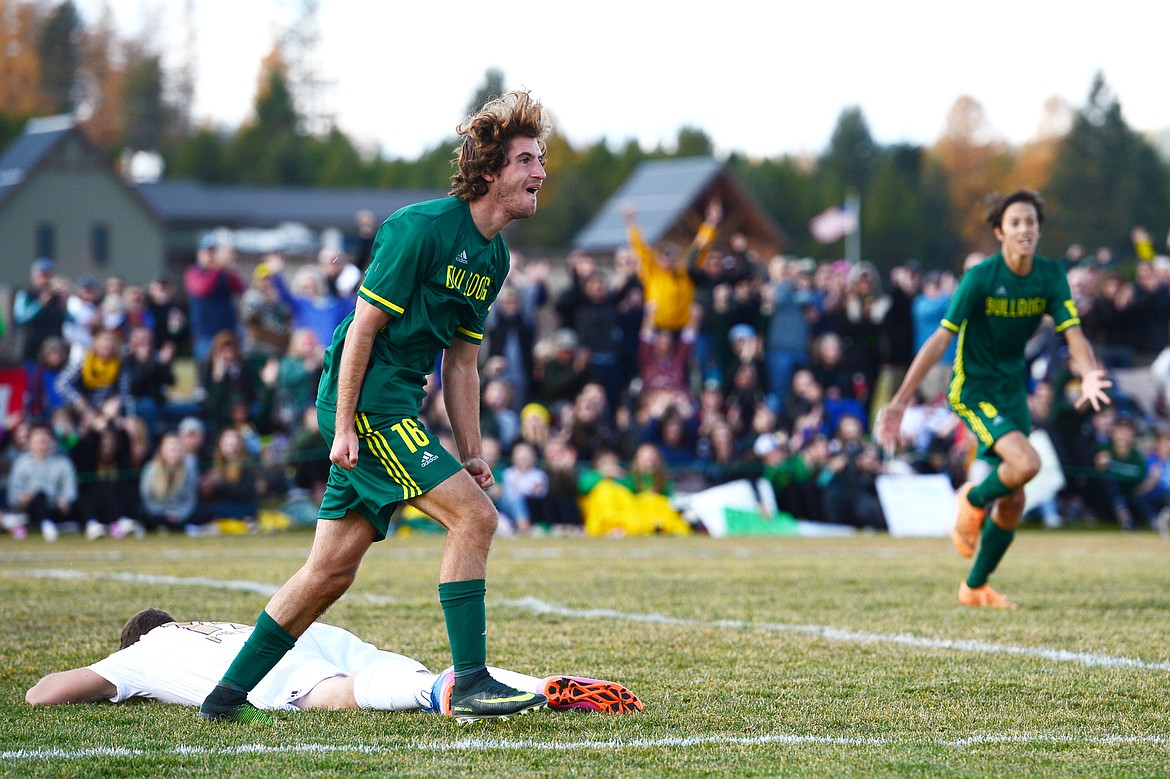 Whitefish's Xander Burger (16) celebrates after his fourth of five goals in the Class A state soccer championship against Polson at Smith Fields in Whitefish on Saturday. Whitefish won, 6-2. (Casey Kreider/Daily Inter Lake)