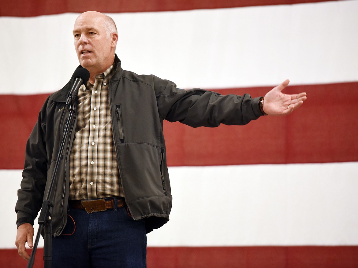 Representative Greg Gianforte speaking at the Montana Victory Tour on Saturday morning, October 27, at the Expo Building at the Flathead County Fairgrounds.(Brenda Ahearn/Daily Inter Lake)