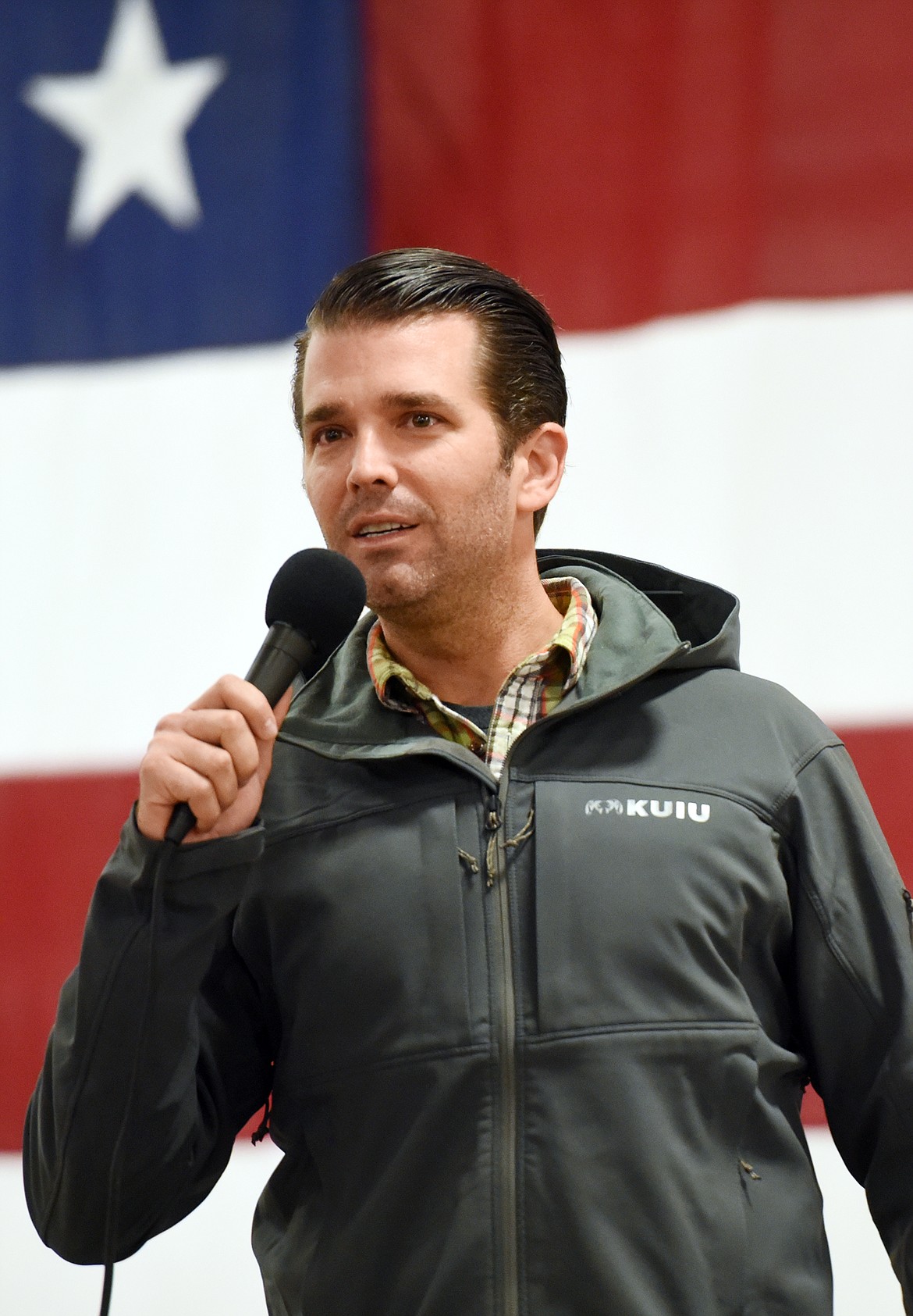 Donald Trump Jr. speaking in favor of Matt Rosendale and Greg Gianforte on Saturday morning, October 27, at the Expo Building at the Flathead County Fairgrounds.(Brenda Ahearn/Daily Inter Lake)