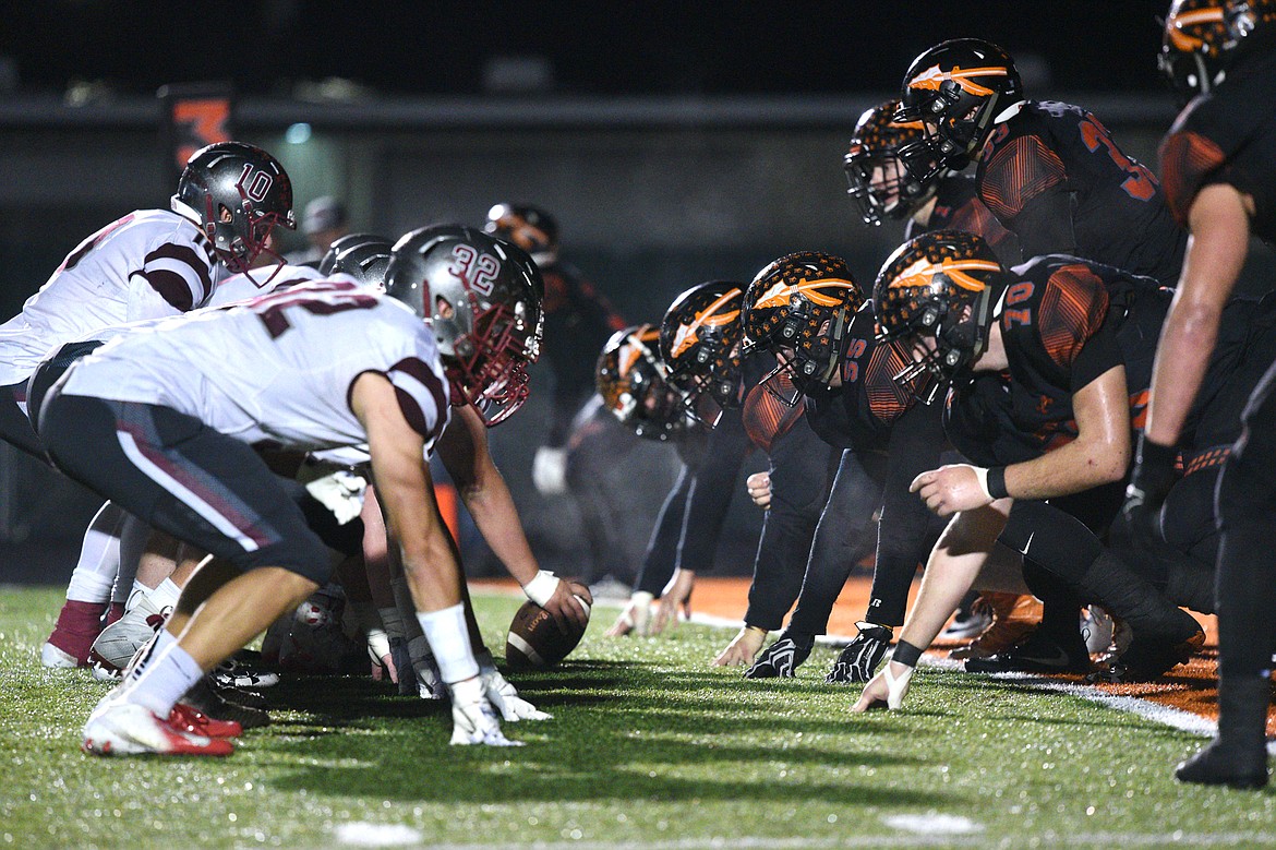 The Flathead defense lines up on a 3rd and goal in the fourth quarter against Helena at Legends Stadium on Friday. (Casey Kreider/Daily Inter Lake)