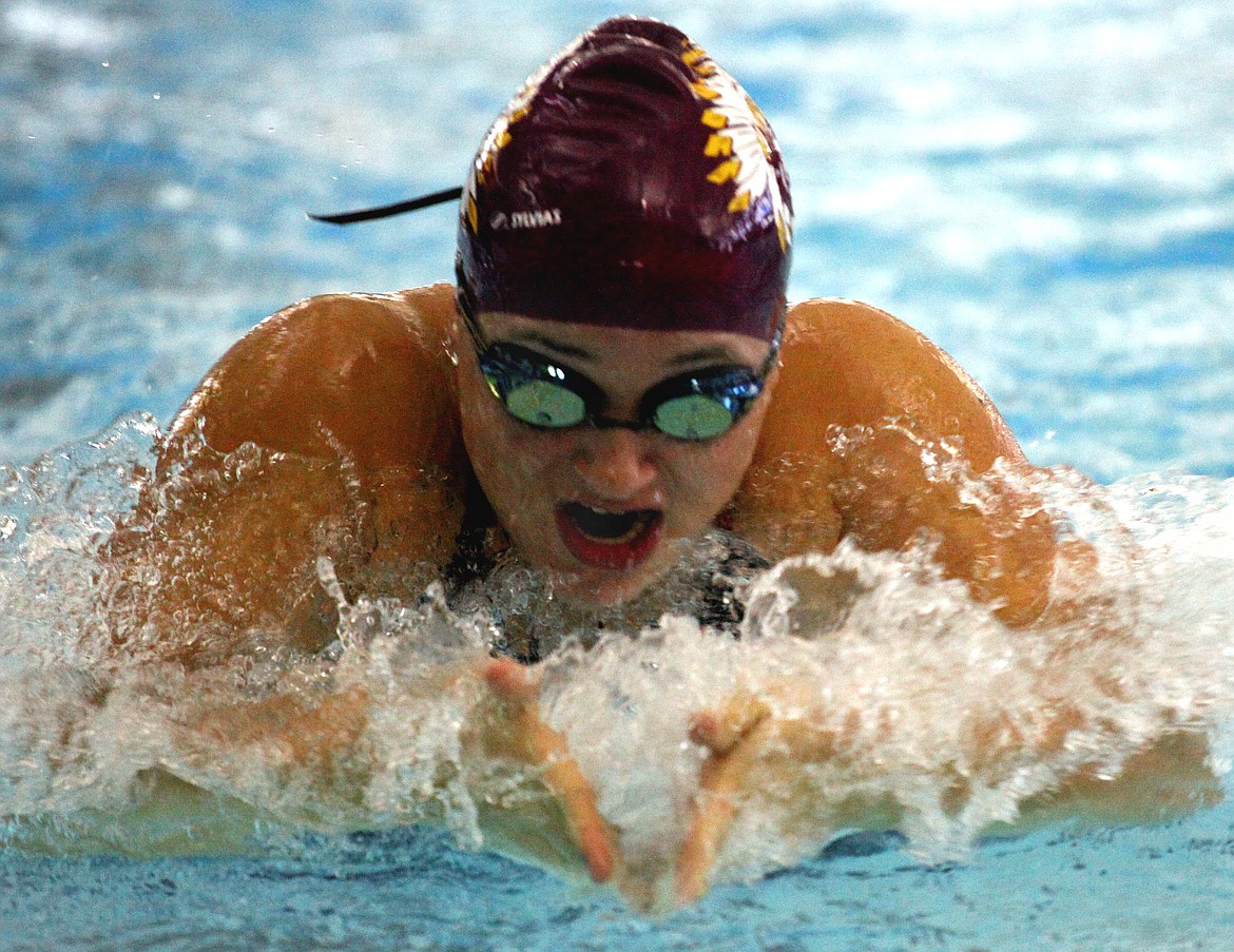 Rodney Harwood/Columbia Basin Herald
Jessica Williams swam the breaststroke portion to help the Moses Lake medley relay knock 4.8 seconds off its previous best time in qualifying for the championships of the 4A District 6 swim and dive meet Thursday at 
Tony St. Onge Pool of Dreams.