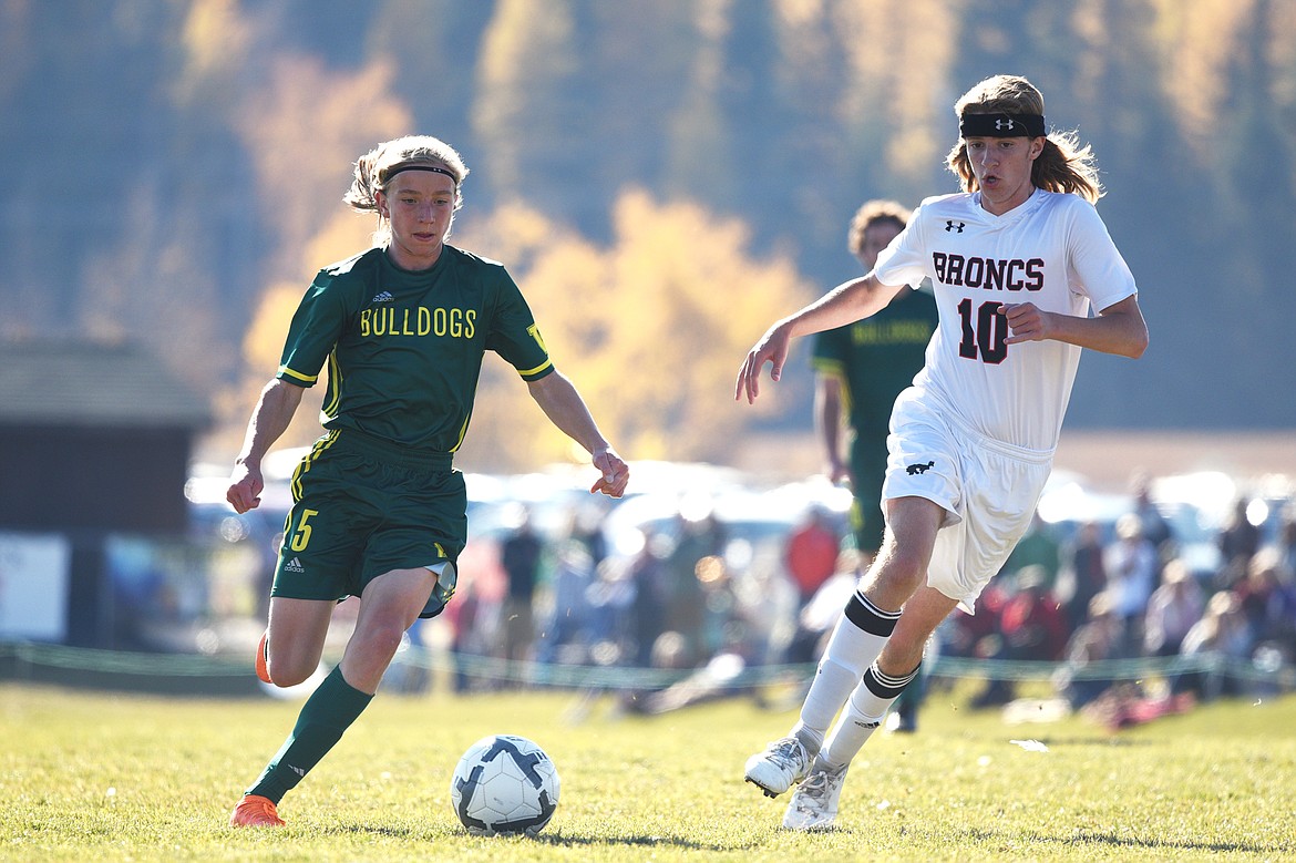 Whitefish's Niath Edland (5) pushes the ball upfield against Frenchtown's Tyler Graves (10) in the first half at Smith Fields in Whitefish on Saturday. (Casey Kreider/Daily Inter Lake)