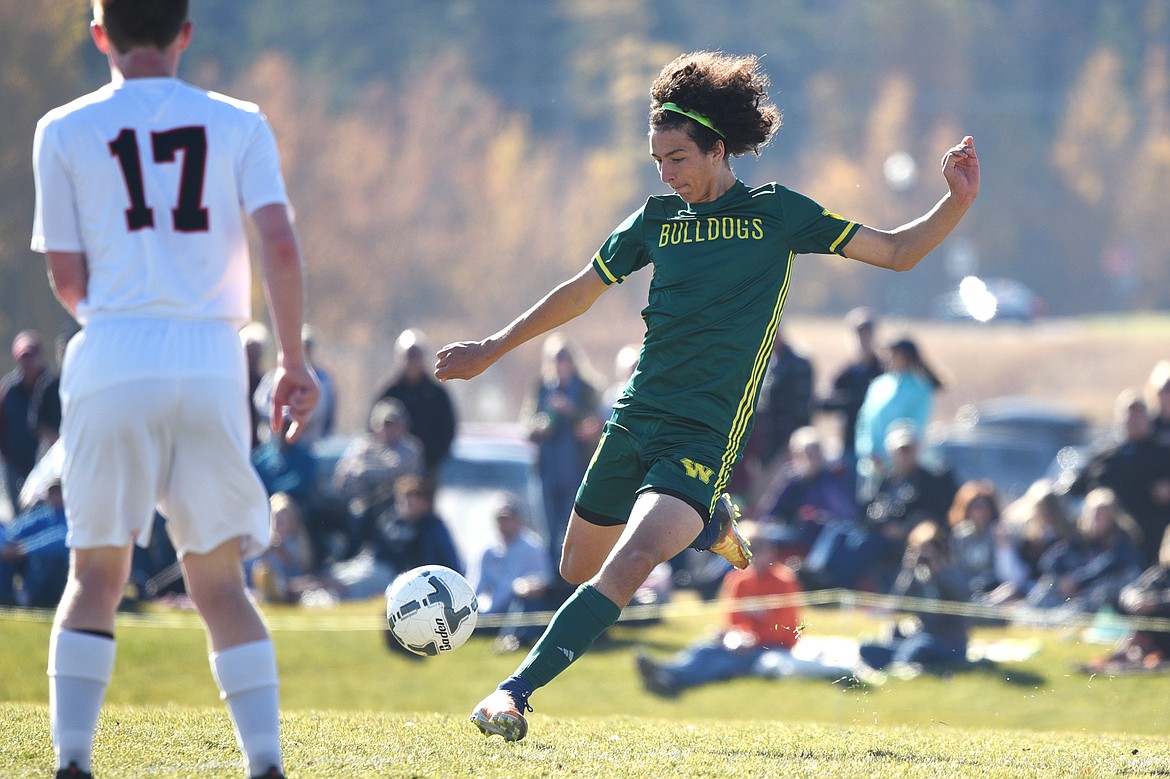 Whitefish's Ammann Koch-Ford (4) sends a shot on goal in the first half against Frenchtown at Smith Fields in Whitefish on Saturday. (Casey Kreider/Daily Inter Lake)