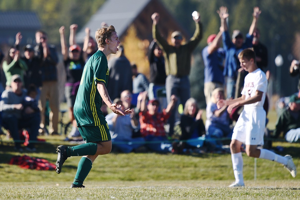 Whitefish's Casey Schneider (10) celebrates after scoring a second-half goal against Frenchtown at Smith Fields in Whitefish on Saturday. (Casey Kreider/Daily Inter Lake)