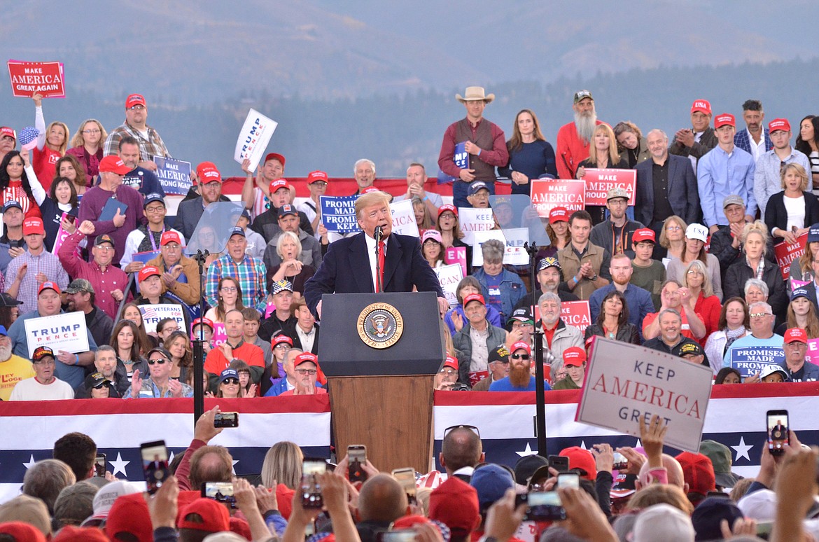 President Donald Trump speaks during a rally last Thursday at the Missoula airport. (Erin Jusseaume/ Clark Fork Valley Press)