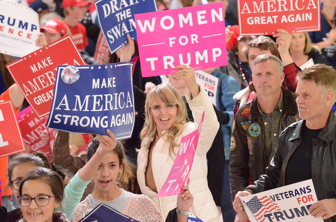 Many of those attending President Donald Trump&#146;s rally last Thursday evening in Missoula displayed signs, including those saying, Women for Trump. (Erin Jusseaume/ Clark Fork Valley Press)