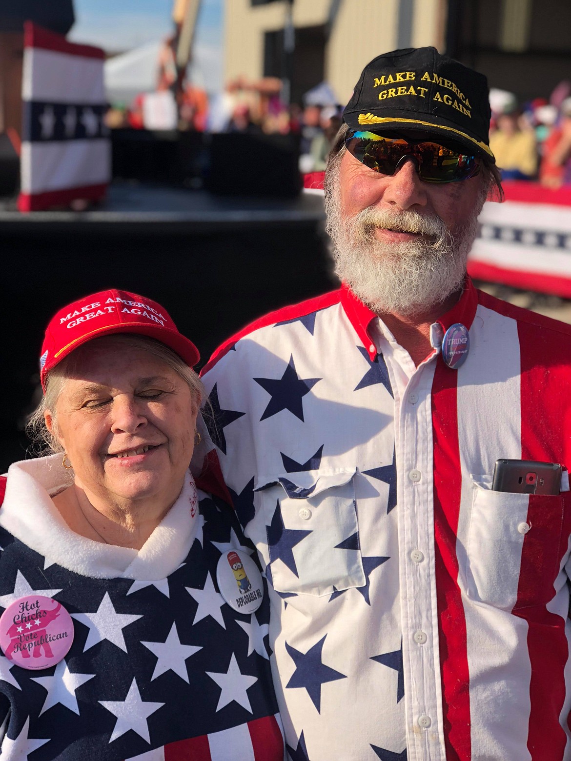 Cindy and Jim Gonser of Kalispell during President Donald Trump&#146;s rally in Missoula.  (Erin Jusseaume/ Clark Fork Valley Press)