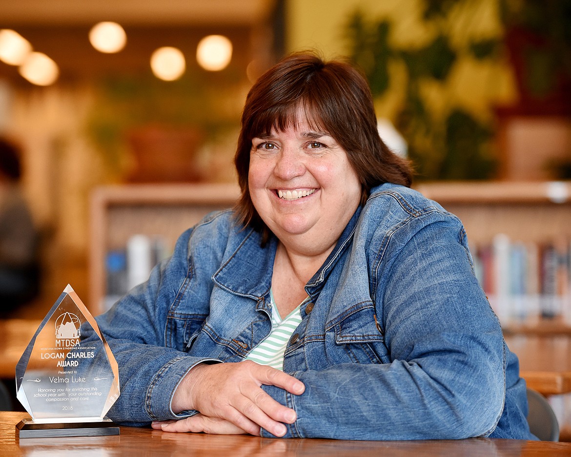 Velma Luke, winner of this year&#146;s Montana Down Syndrome Association Logan Charles Award, in the Whitefish High School library on Oct. 12. (Brenda Ahearn/Daily Inter Lake)