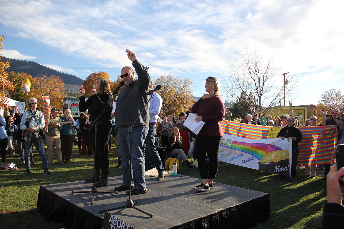 Missoula Mayor John Engen read a poem and reminded people to get out and vote during a protest rally in Missoula on Thursday while President Trump spoke at the airport.