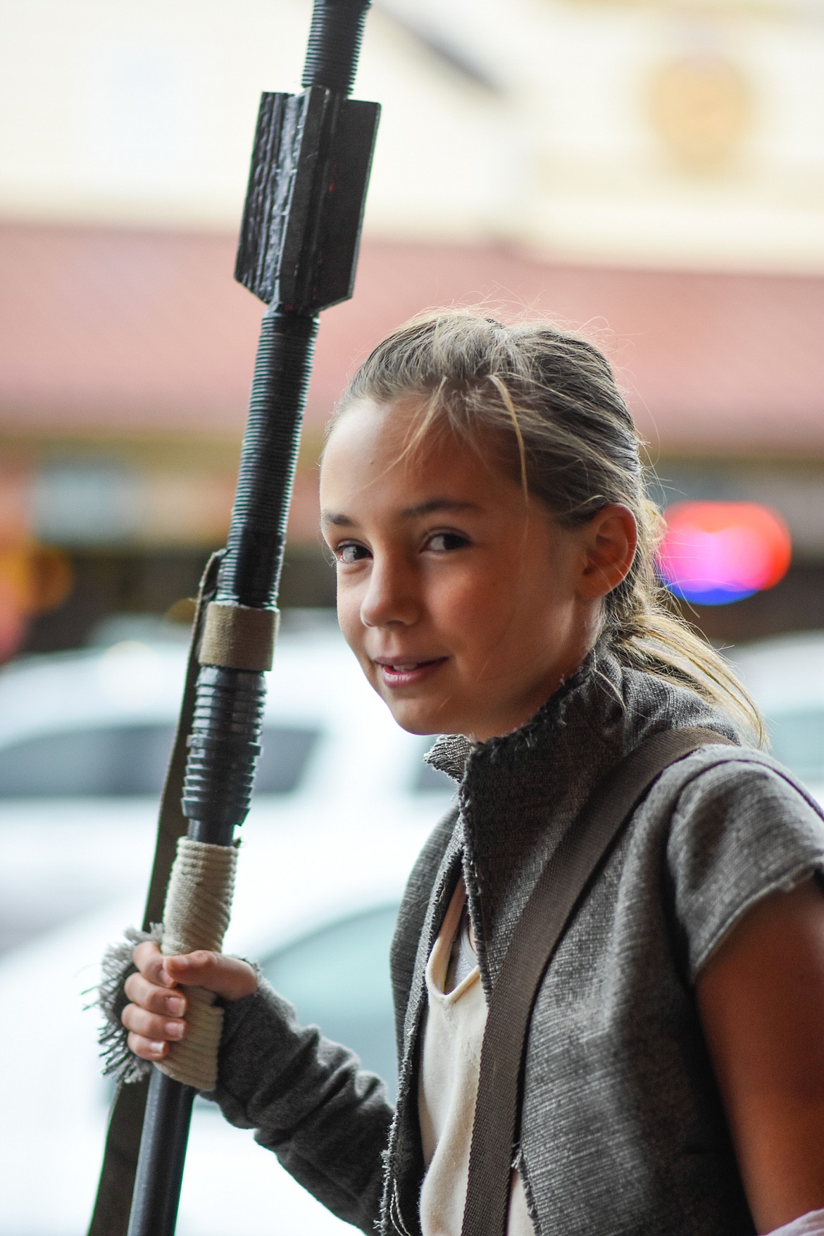 Rey from Star Wars uses the Force to find candy in downtown Whitefish during Halloween Wednesday. (Daniel McKay/Whitefish Pilot)