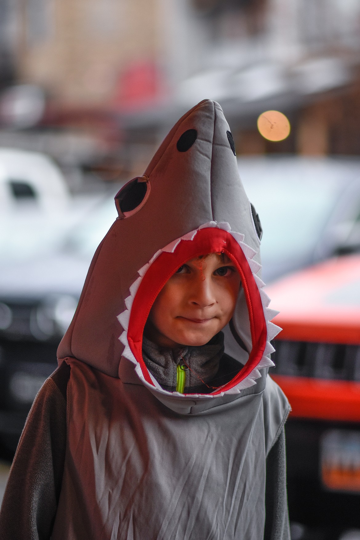 An enthusiastic shark goes trick-or-treating in downtown Whitefish during Halloween Wednesday. (Daniel McKay/Whitefish Pilot)