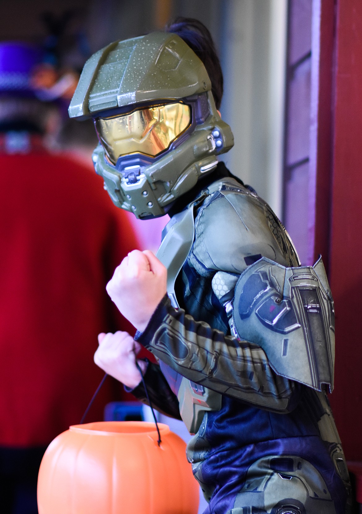 The Halo series' Master Chief looks tough for the camera in downtown Whitefish during Halloween Wednesday. (Daniel McKay/Whitefish Pilot)