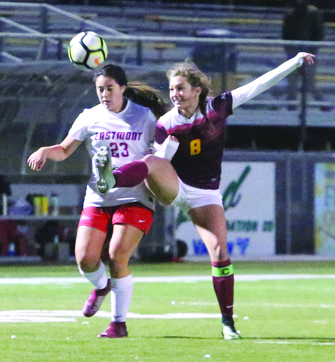 Connor Vanderweyst/Columbia Basin Herald
Moses Lake defender Taya Rogers (8) makes a play for the ball against Eastmont's midfielder Maria Mendoza.