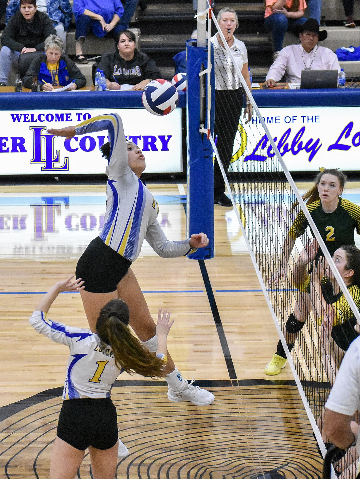 Libby senior Mehki Sykes goes for the kill during the final set against Whitefish Saturday, as the Lady Loggers went on to win the 2018-2019 Northwest A District Championship in three. (Ben Kibbey/The Western News)