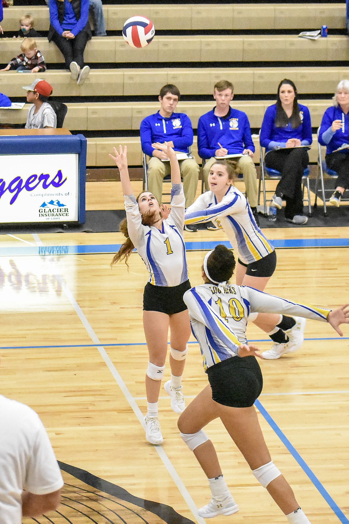 Libby senior Alli Collins sets up a kill for fellow senior Mehki Sykes during the second set against Whitefish Saturday, as the Lady Loggers went on to win the 2018-2019 Northwest A District Championship in three. (Ben Kibbey/The Western News)