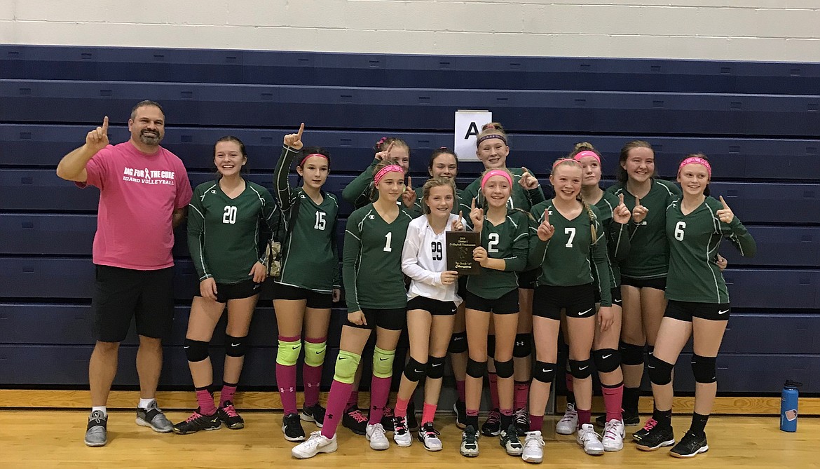 Courtesy photo
St. Maries&#146; seventh-grade volleyball team won the championship of the Timberlake tournament on Oct. 20. St. Maries defeated Lakeland in the finals. In the front row from left are Kierra Jessen, Ava Stancil, Abby Wilks and Kara Sexton; and back row from left, coach Bryan Chase, Lily Daniel, Ella Pooler, Lexie Brebner, Mackenzie Nelson, Sami Sindt, Jacklin Linnemeyer, Tayla Janssen and Kammi Rimel.