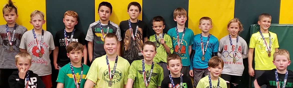 Courtesy photo
The Lakeland Wrestling Club had 25 kids medal at the North Idaho Wrestling League Bonners Ferry tournament on Oct. 20. In the front row from left are Carter Smith (3rd), Kalab Hammer (1st), Ryver Magner (2nd), Kros O&#146;Brien (2nd), Zach Teal (1st), Taven Roetcisoender (1st) and Iain Edwards (1st); and back row from left, Gauge McWatters (1st), Logan Handlen (1st), Levi Nave (1st), Gauge Howell (3rd), Ricco Busicchia (2nd), Hunter Clark (2nd), Lyal Howell (2nd), Carson Leonard (1st), Hunter Edmondson (1st) and Colton Rush (3rd). Not pictured are Jaren Knopp (1st), Ty Knopp (3rd), Kade Knopp (1st), Cruz Knopp (3rd), Kyler Cragun (3rd), Nate Edulblute (2nd), Nate Bevacqua (3rd) and Jager McWatters (3rd).