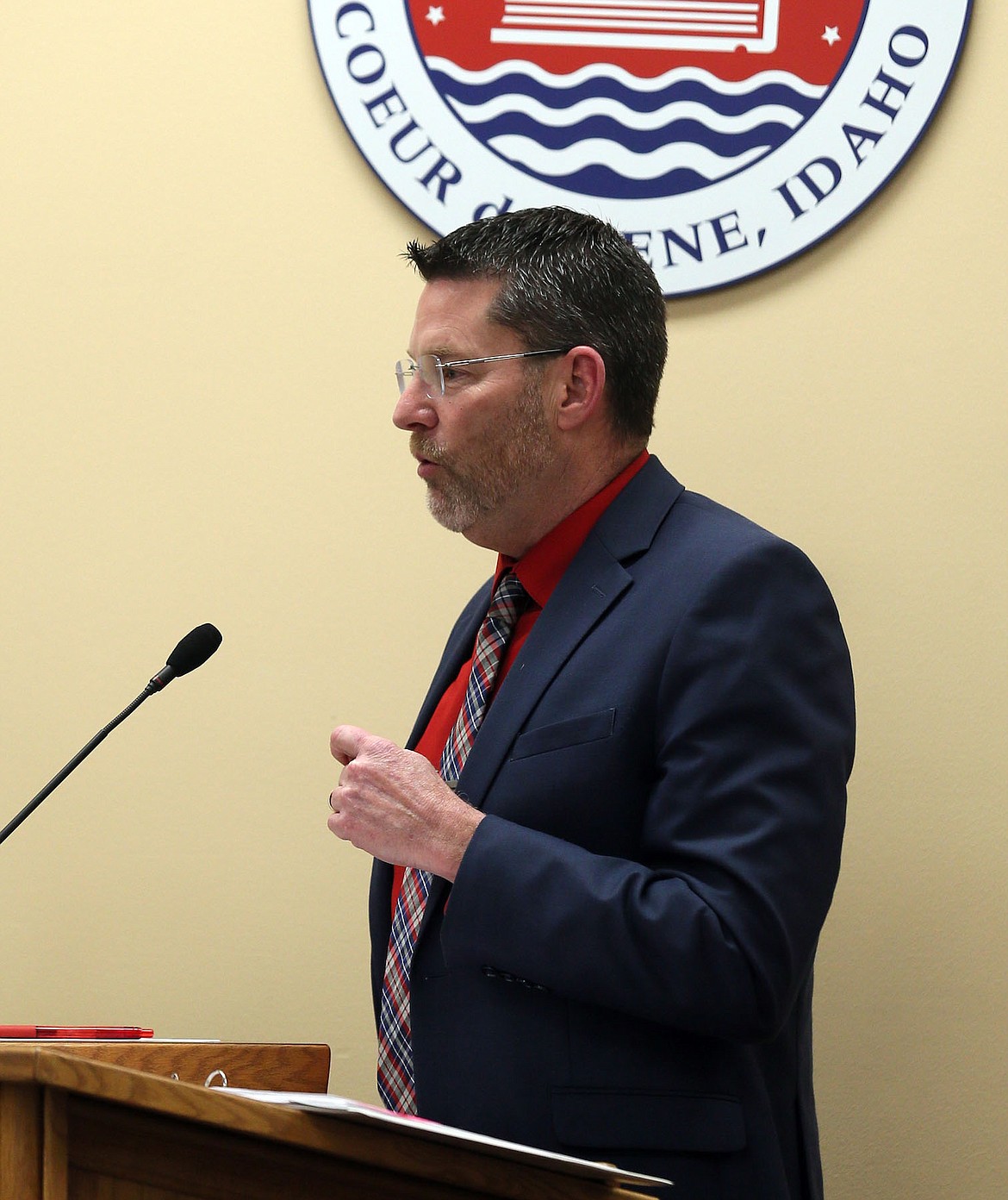 JUDD WILSON/Press
Coeur d&#146;Alene School District Superintendent Steve Cook asks board members to consider a $4 million increase in the supplemental maintenance and operations levy at their meeting Monday night.