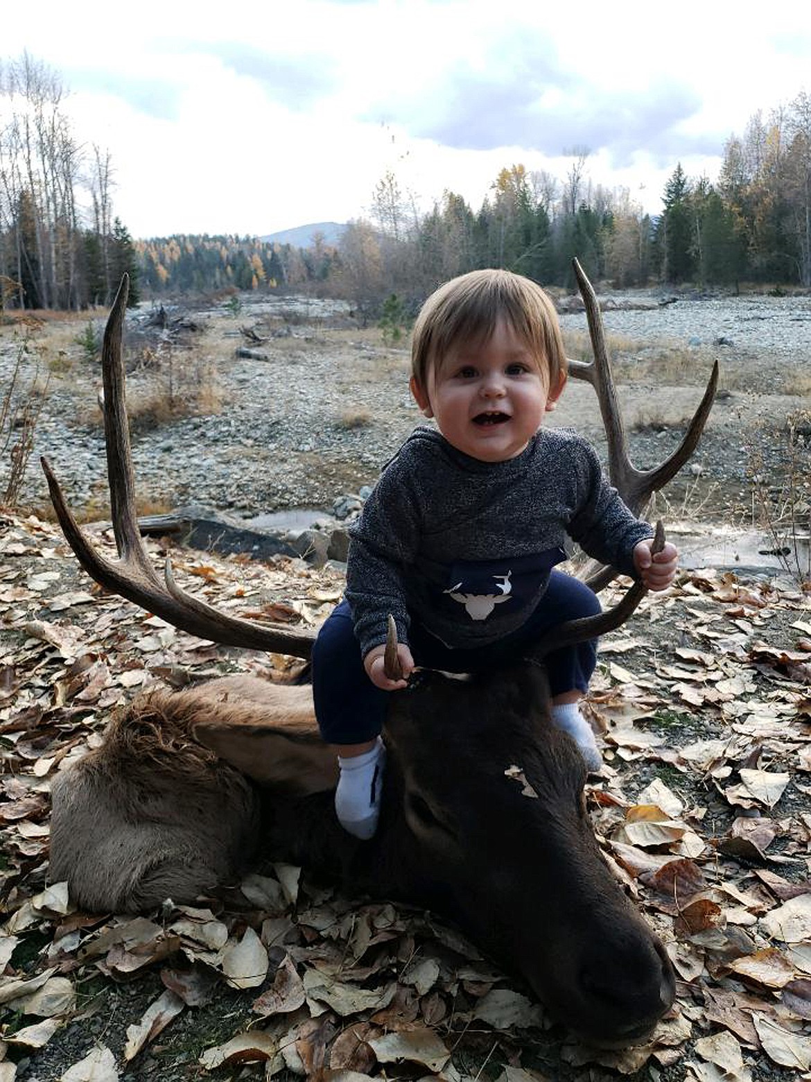 CASTON JAMES Smith, 1, poses with his dad Jimmy's 5x5 bull elk that he bagged Oct. 20. (Photo provided)