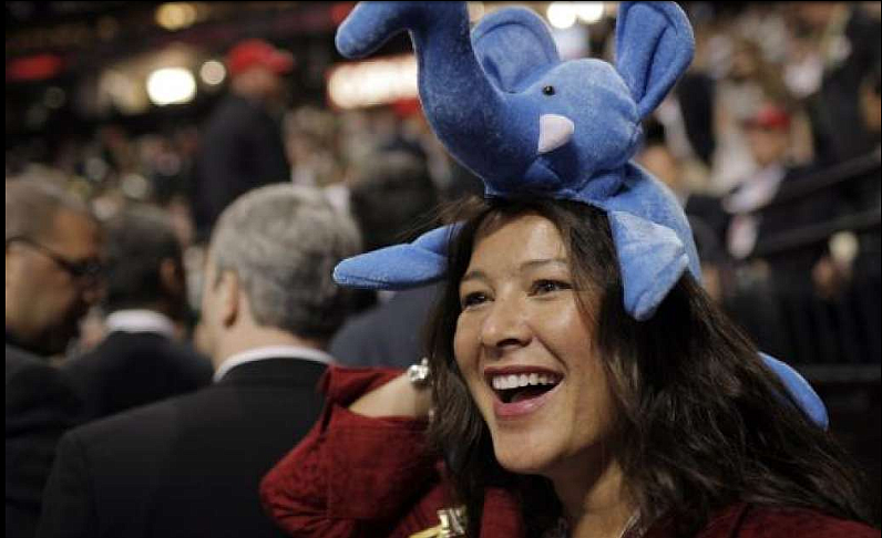 Delegate Alanna Grimm (now Brooks) from Kootenai County wears a hat supporting the Republican Party during the 2008 Republican National Convention in St. Paul, Minn. (AP/file)