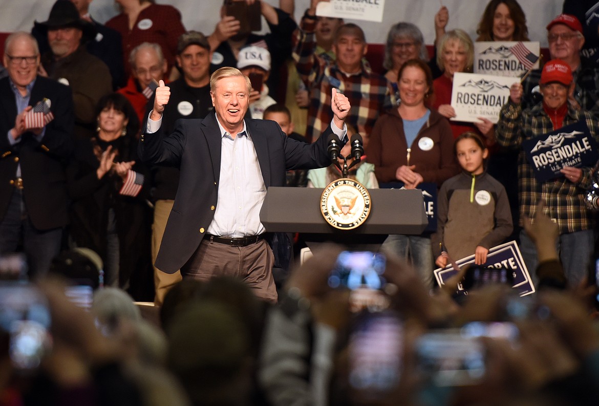 Senator Lindsey Graham from South Carolina takes the stage at the Get Out the Vote Rally in Kalispell, Montana, on Monday, November 5.&#160;(Brenda Ahearn/Daily Inter Lake)