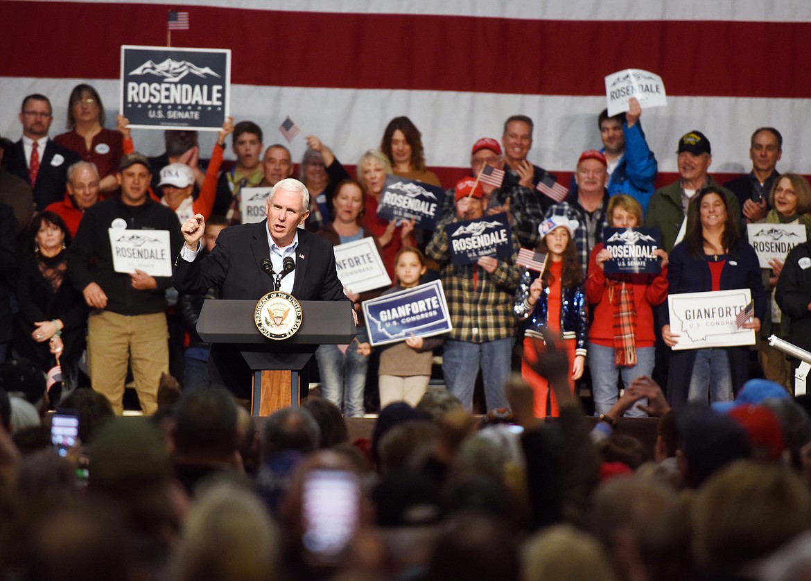 Vice President Mike Pence addressing the crowd as the featured speaker at the Get Out The Vote Rally at the Glacier Park International Airport on Monday, November 5, in Kalispell, Montana. More than 1,000 people attended the event.(Brenda Ahearn/Daily Inter Lake)