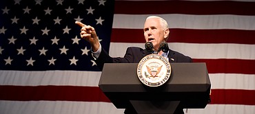Vice President Mike Pence addressing the crowd as the featured speaker at the Get Out The Vote Rally at the Glacier Park International Airport on Monday, November 5, in Kalispell, Montana. More than 1,000 people attended the event.(Brenda Ahearn/Daily Inter Lake)